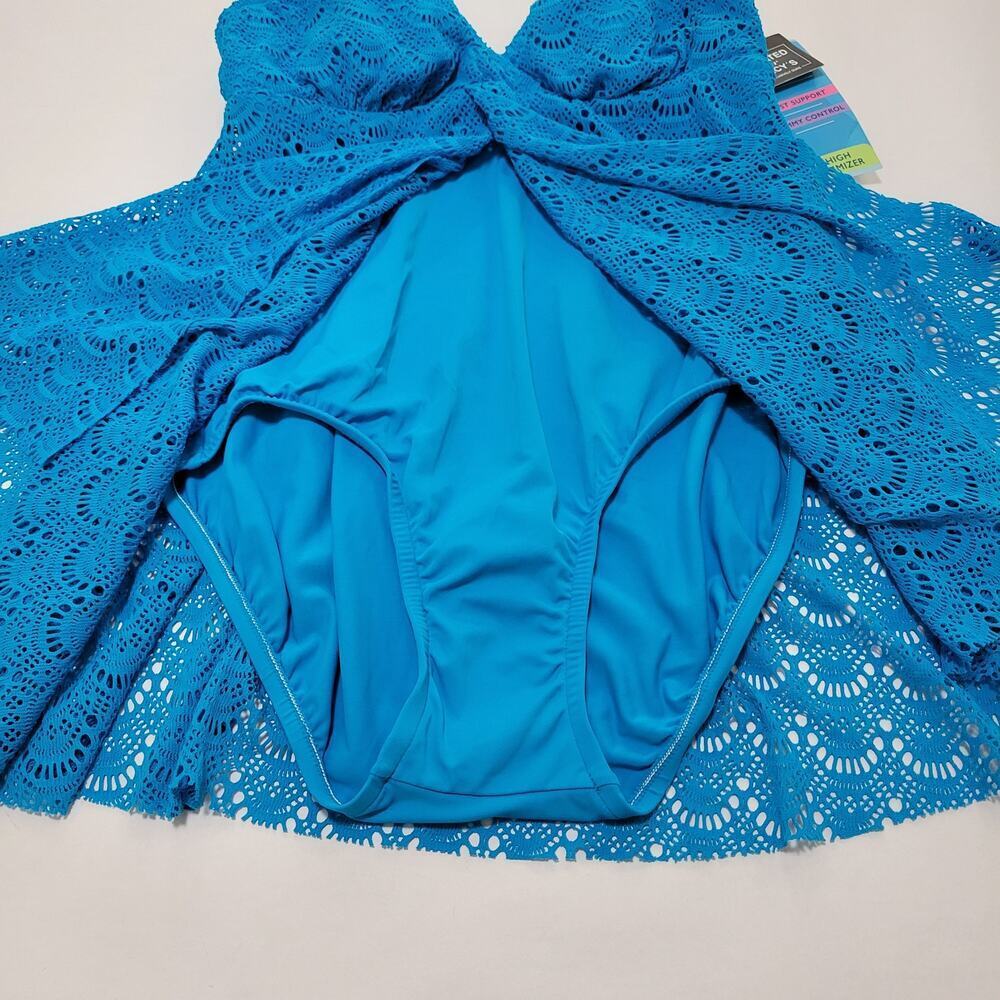 Swim Solutions Tummy-Control Flyaway Swimdress Crochet Boho Teal NWT Size 10 - Picture 7 of 11